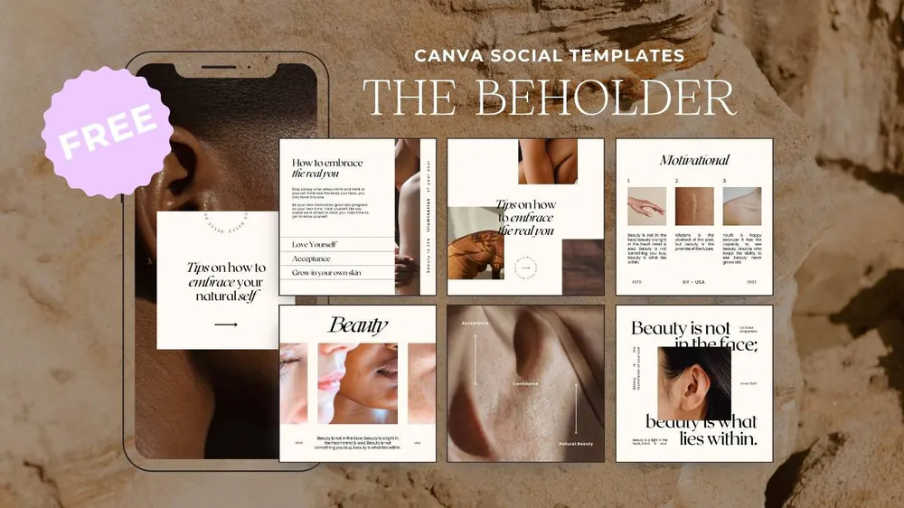 The Beholder: free Canva social templates in warm sand tones, shown on phone screens