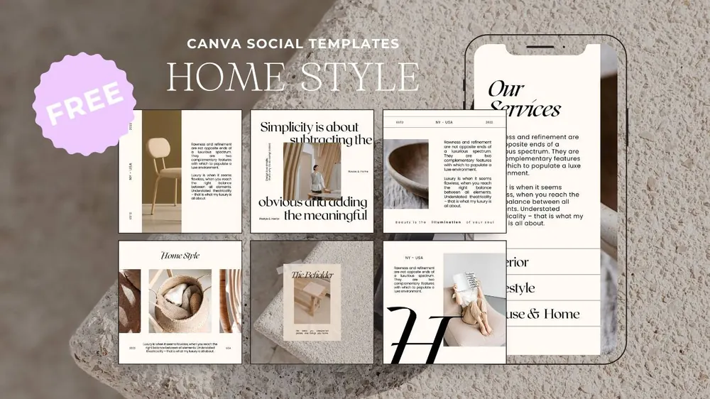 Home Style: free Canva social templates with a minimal home-style look, shown on phone screens